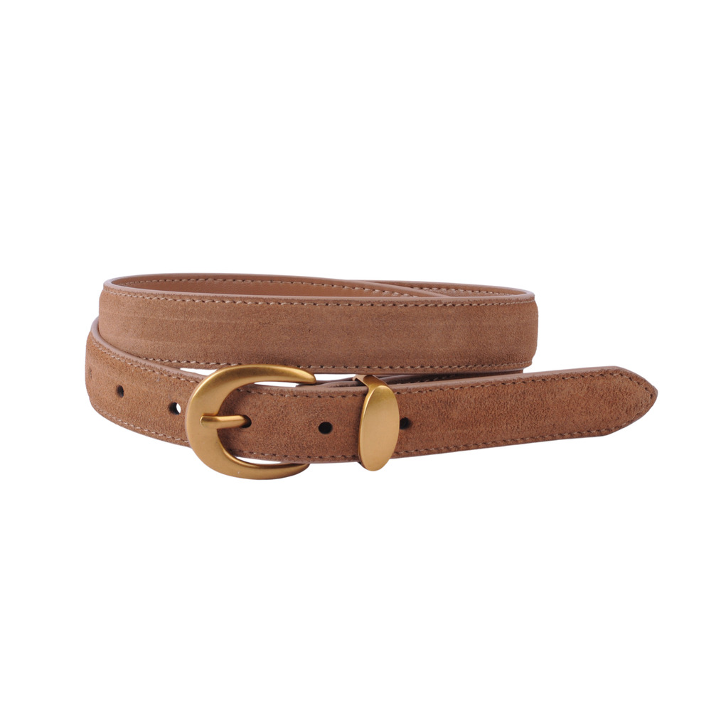 Classic Suede Belt with Gold Curve Buckle Camel